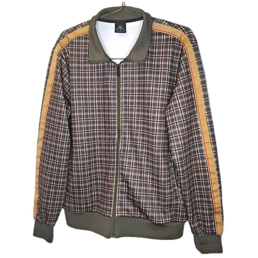 Jian Wang Track Jacket Men Large Green Plaid Full Zip Mock Neck Preppy Academia